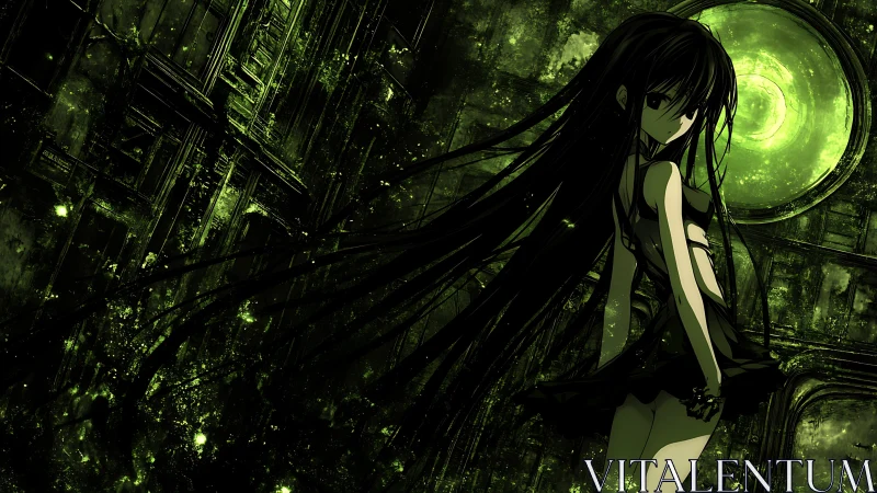 Dark-haired anime figure stands before luminous green portal