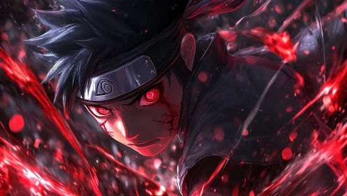 Storm-lit ninja glare in a swirl of crimson power.