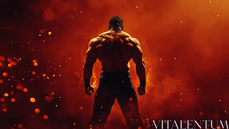 Muscular male figure viewed from behind amid orange haze.