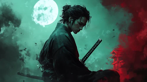 Lone samurai under full moon in teal and crimson storm.