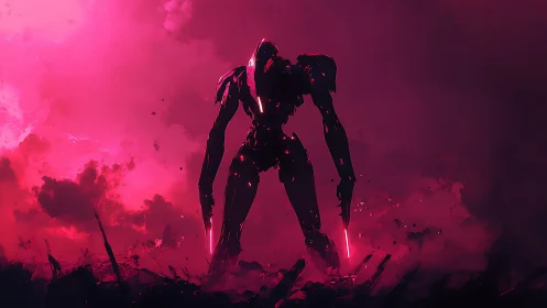 Neon warblade mech rises from a crimson storm horizon.