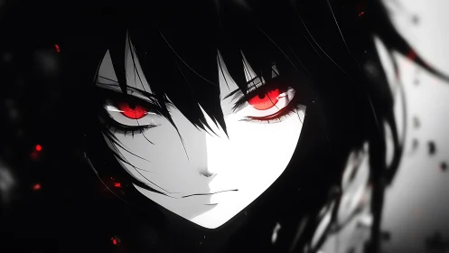 Crimson-eyed anime antihero in stark monochrome close-up.