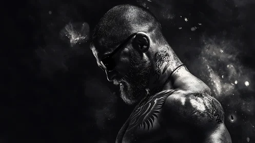 Tattooed muscular man in moody monochrome side profile
