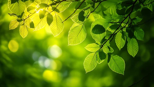 Sunlit Green Leaves in Nature with Soft Focus Background.