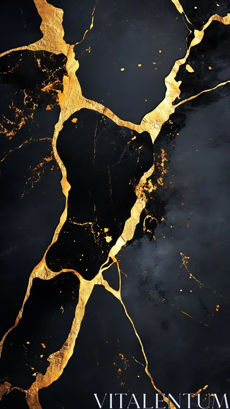 Golden kintsugi veins across deep charcoal surface.