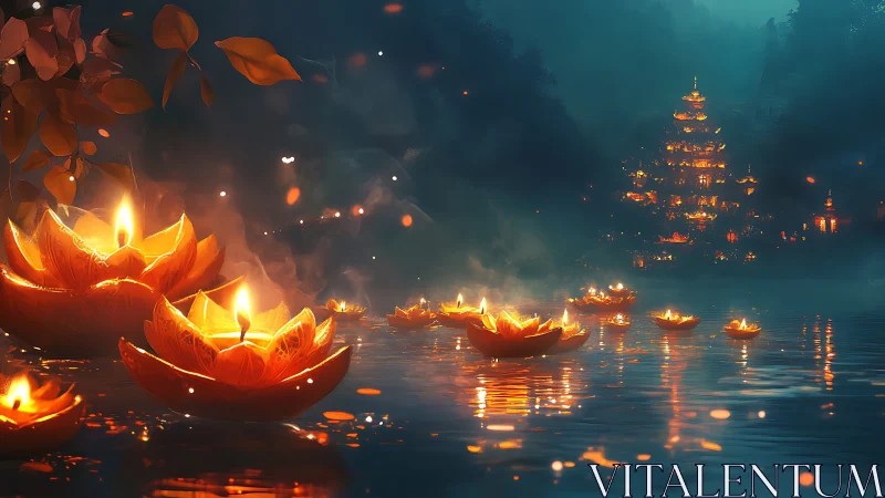 Floating lanterns on misty water before distant pagoda.