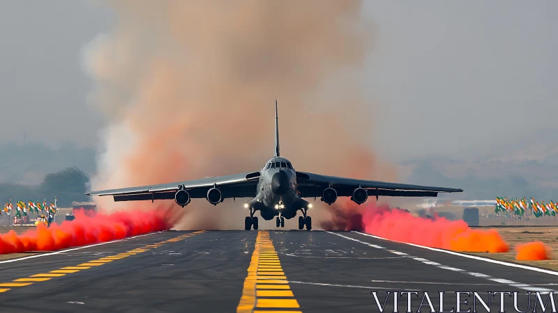 Photorealistic bomber rollout with chromatic runway smoke effects.