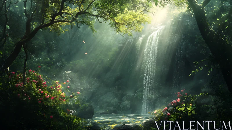 Lush forest waterfall with volumetric light and floral foreground