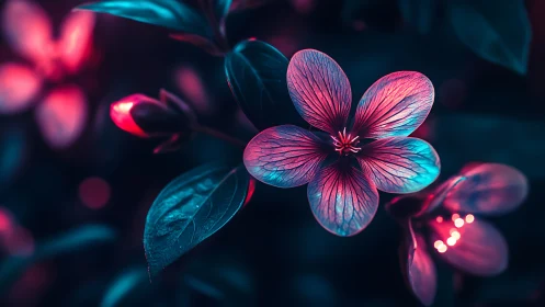 Neon-lit flower macro glows with cyan magenta contrast.
