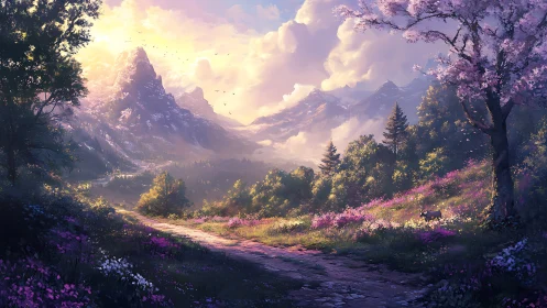 Backlit alpine valley path under volumetric clouds and bloom lighting