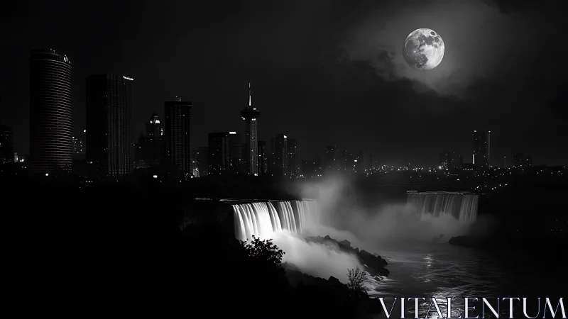 Moonlit urban skyline embracing misty cascading waterfalls.
