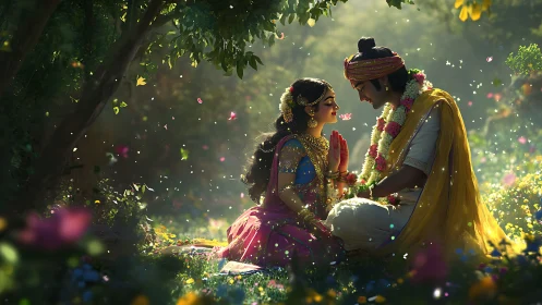 Enchanted Garden Romance: Two Souls in Golden Bloom.