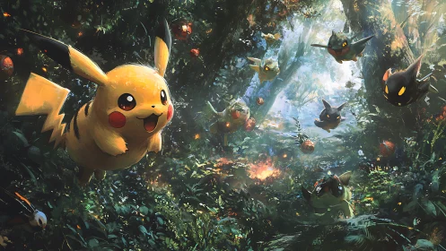 Pikachu and ghostlike creatures moving through dense forest.