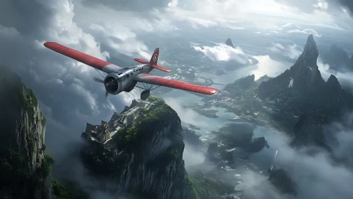 Crimson winged aircraft skims stormlit jade mountain coast.