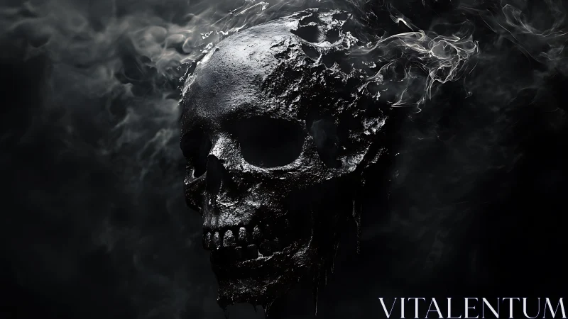 Smoldering dark skull quietly rises from swirling smoke