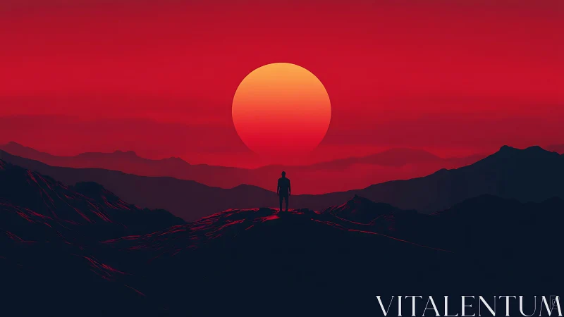 Solitary wanderer crowned by a colossal crimson sunset sphere.