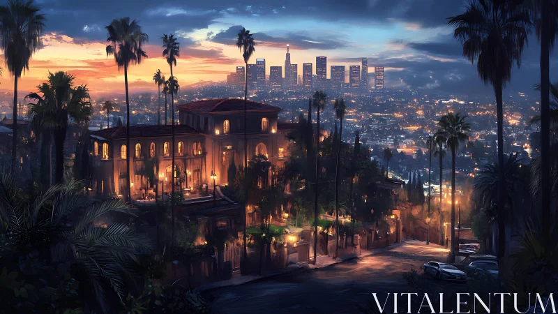 Hillside mansion above illuminated city skyline at dusk.