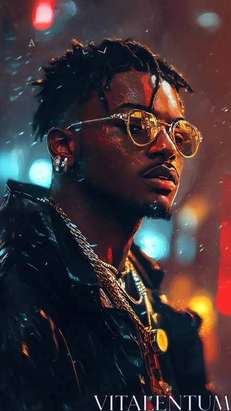 Cool night glow around a stylish man in golden shades.