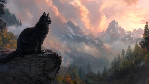 Black mountain cat watching fiery pastel alpine sunset.