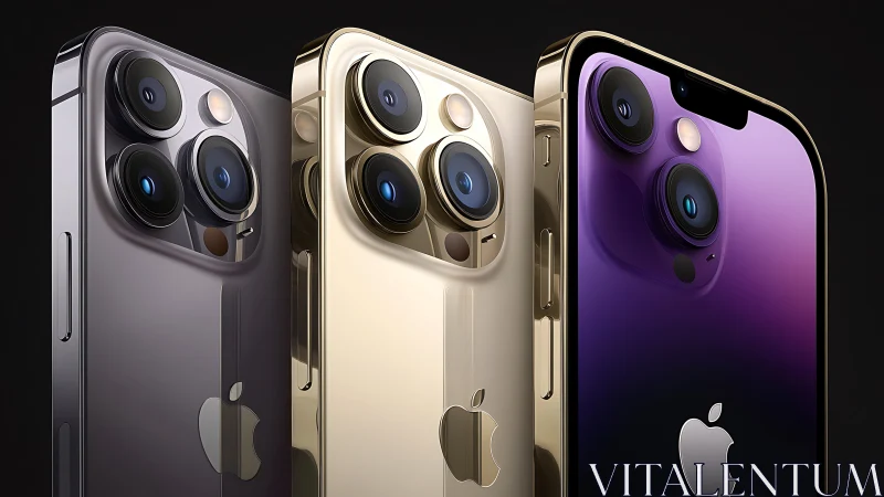 Three iPhone 14 Pro models display camera systems and color variations.