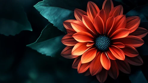Red flower with teal foliage displayed against dark background