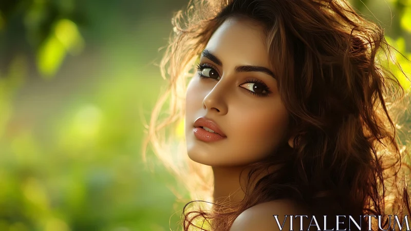 Digital portrait shows luminous woman in soft green bokeh