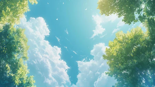 Framed treetops define a clouded sky in upward view