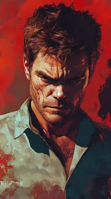 Scarred hero in bold red portrait filled with raw resolve.