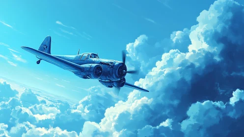 Single propeller aircraft moves laterally beside cumulus clouds