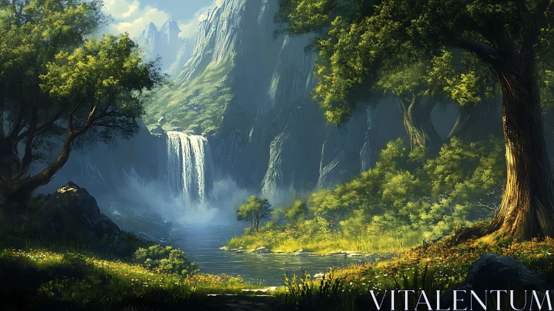 Cascading waterfall in deep canyon surrounded by ancient trees