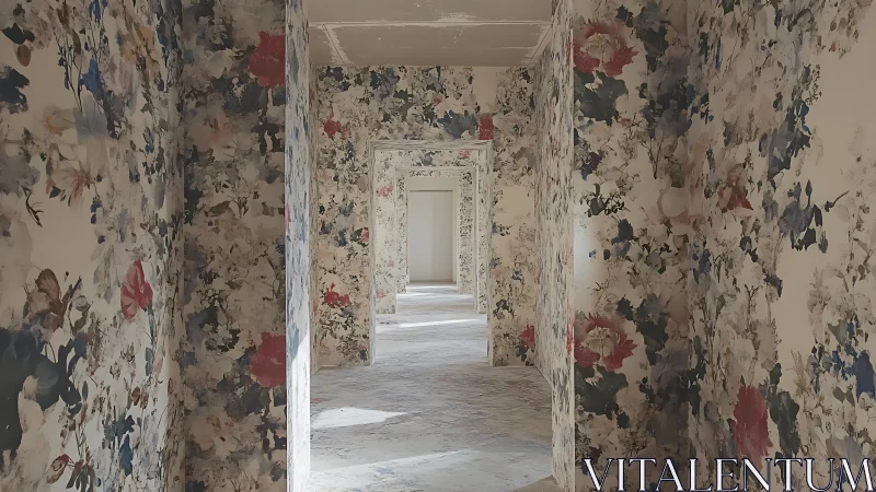 Corridor shows repeating floral wallpapered doorways in depth