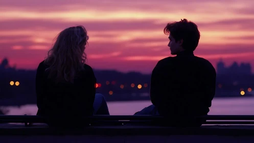 Two people silhouetted against vibrant sunset cityscape