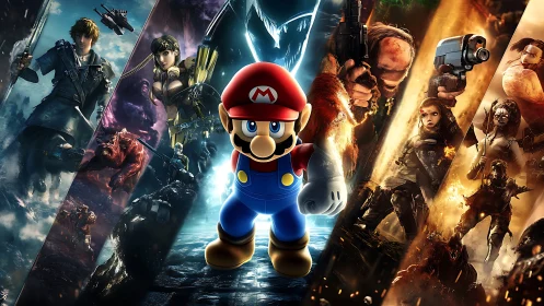 Cheerful hero in red overalls strides through epic battle worlds