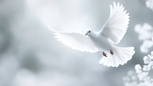 Elegant white dove in flight with soft ethereal background.