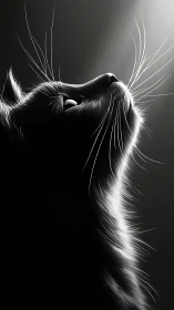 Black Cat Looking Upward with Luminous Whiskers