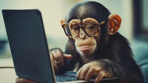 Photorealistic chimpanzee with laptop in studio close-up.