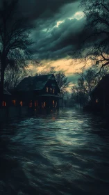 Moody riverside houses glow softly beneath a stormy sky