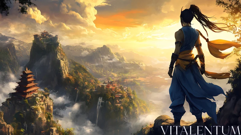 Warrior overlooks mountain temples in glowing sunset valley