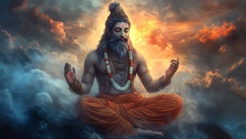 Serene Hindu sage meditates in glowing celestial clouds