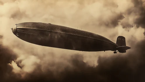 Golden sky voyage with a lone vintage airship in clouds.