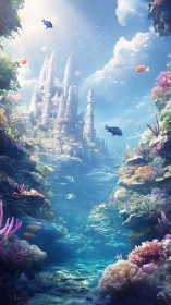 Sunlit underwater castle surrounded by colorful coral magic.