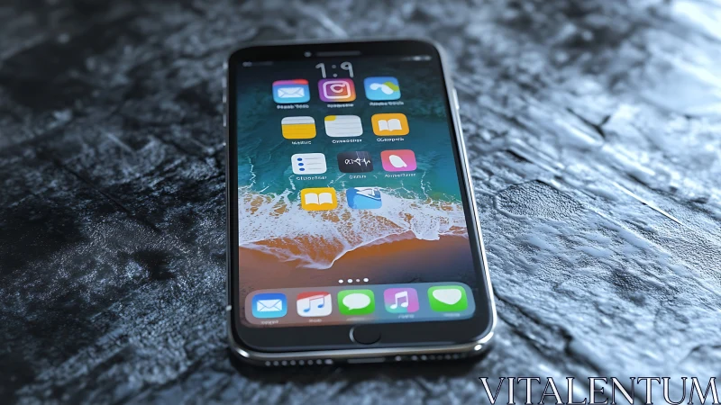 iPhone displaying iOS home screen with native app icons on weathered wooden surface texture