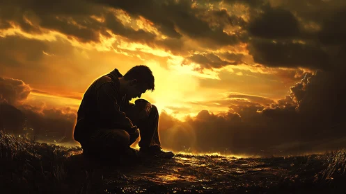 Solitary Figure Silhouetted Against Golden Sky.