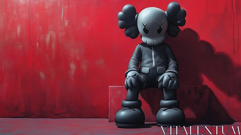 Moody vinyl figure slumps against distressed crimson wall.