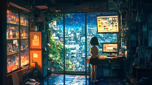 Cyberpunk workstation overlooking neon city through glass wall.