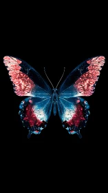 Iridescent blue and red butterfly on deep black field.