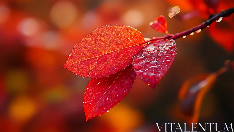 Crimson autumn leaves with dewdrops in shallow bokeh glow.