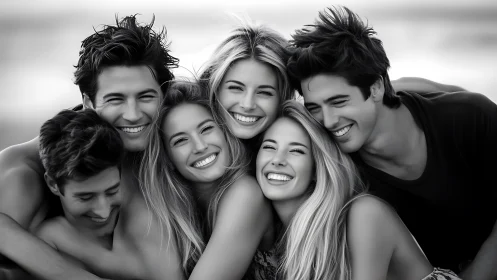 Radiant Tribe: Five Hearts Colliding in Grayscale Joy.