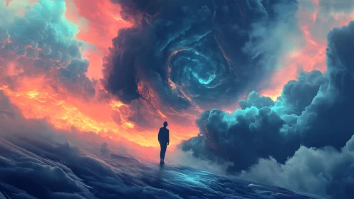 Silhouette observing turbulent vortex sky in neon stormfront