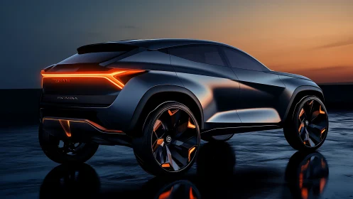 Futuristic electric SUV concept glows against dusk horizon